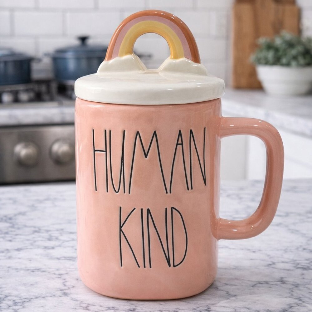 New Rae Dunn By‎ Magenta Human Kind Rainbow Mug In Blush with lid 2 piece set